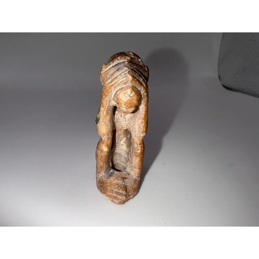 Vintage Hand Carved Soap Stone Brown Monkey See No Evil Figurine Trinket Shelf